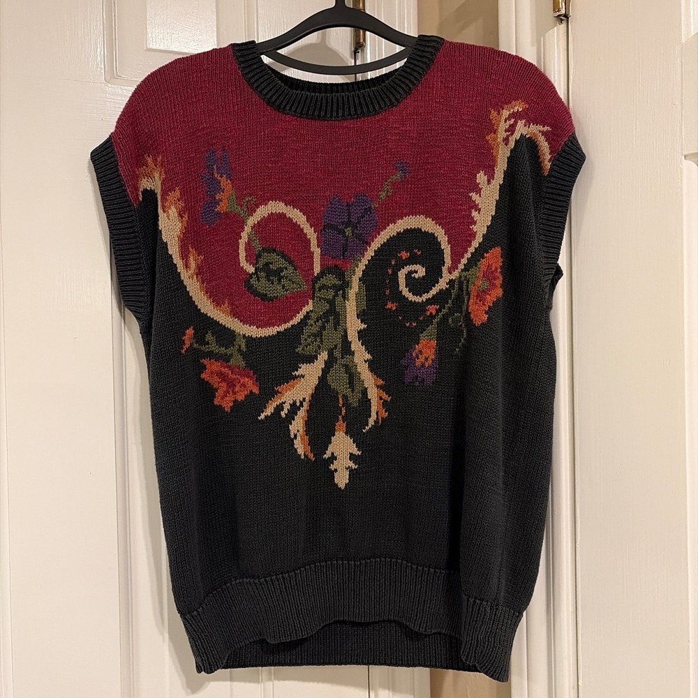 Vintage Russ Floral Intarsia Knit Sweater Vest Black Burgundy Ramie Cotton Small